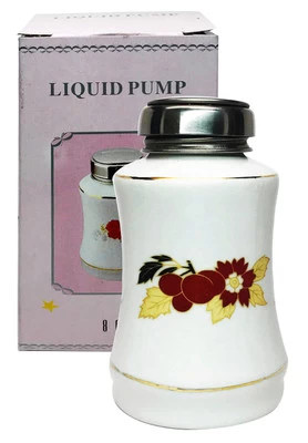 Flower Patterned Porcelain Bottle With Stainless Steel Liquid Pump - 8 Oz. 3 Flower Patterned Porcelain Bottle With Stainless Steel Liquid Pump - 8 Oz.